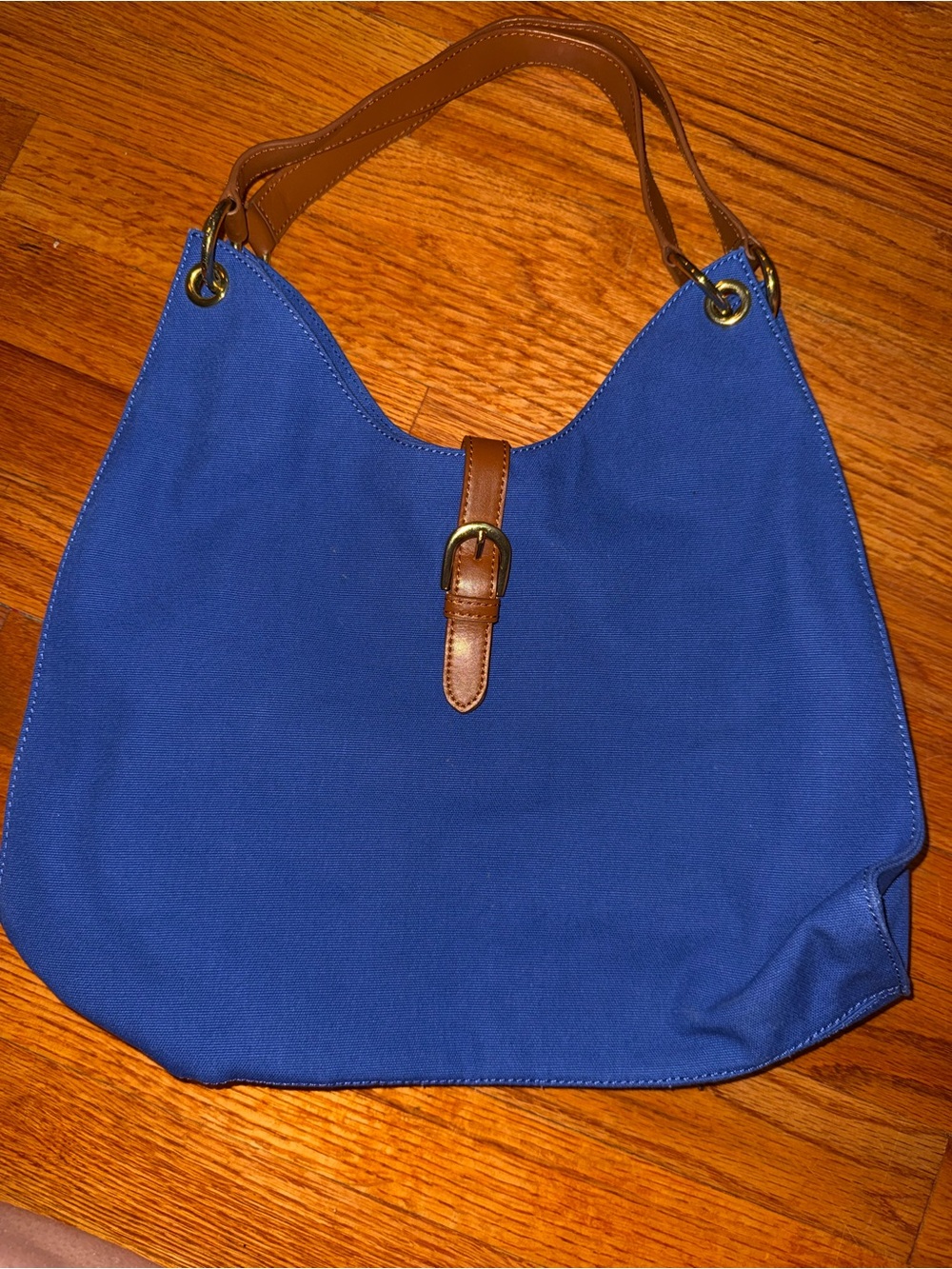 Vintage Talbots Blue Canvas Slim Hobo Shoulder Bag Leather Trim Gold Hardware